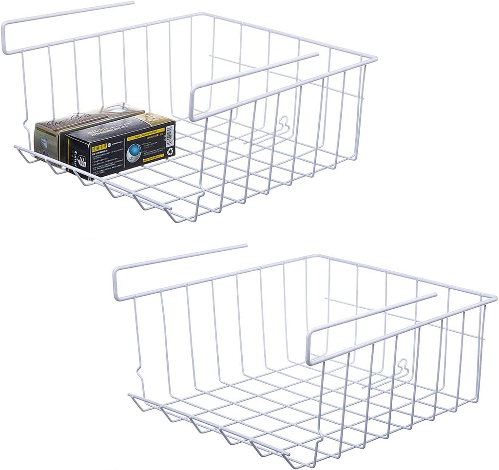 Lonians 2-Pack Under Shelf Hanging Storage Baskets - Metal Wire Rack Organizer for Kitchen, Pantry, Cabinet, Bathroom, Desk - Space Saving Shelf Extender (White, Large)