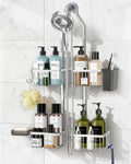 Adjustable Shower Caddy Hanging for Handheld Showerheads - Never Rust Shower Hanging Organizer, Upgraded Bathroom Shower Rack with Soap Basket, Hooks and Toothbrush Holder (Silver)