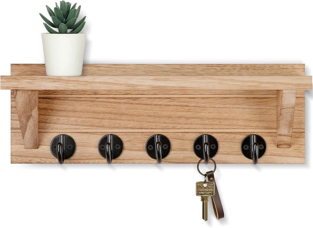 Lwenki Wall Key Holder, Rustic Shelf with Hooks Made of Paulownia Wood Holds Keys, Dog Leash, Bags and More - 13.7" W x 4.7" H x 3.5" D Decorative Key Hanger and Entryway Shelf