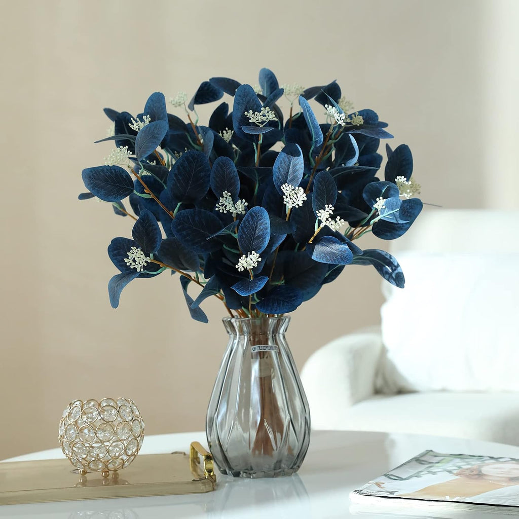 Navy Blue Artificial Eucalyptus Stems, 12Pcs20" Branches with Beige Berries