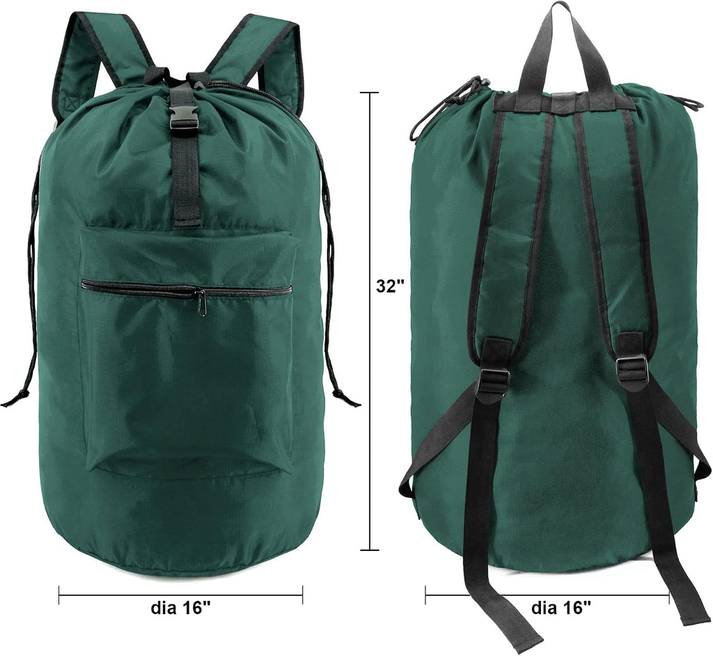 BeeGreen Laundry-Bag-Backpack-Heavy-Duty, Green Nylon Drawstring Portable Laundry Backpack Tall Foldable Extra Large Dirty Clothes Travel Bag with Handle College Dorm Apartment Essentials
