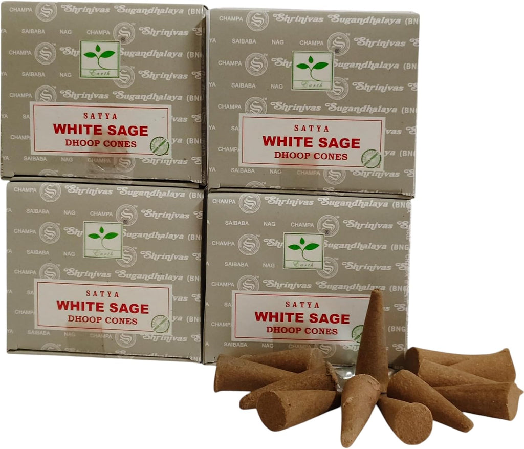 Satya Nag Champa Incense Cones for Meditation and Yoga, 48 Pieces, 4 Packs (Incense Dhoop Cones, White Sage)