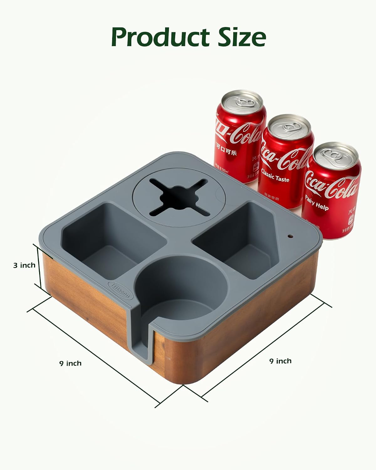 Couch Cup Holder Tray, Acacia Wood Couch Caddy With Cup Holder, Slotting Non-Slip Couch Organizer for Drinks, Snacks Remotes, Rounded Corners & Mug (Grey)