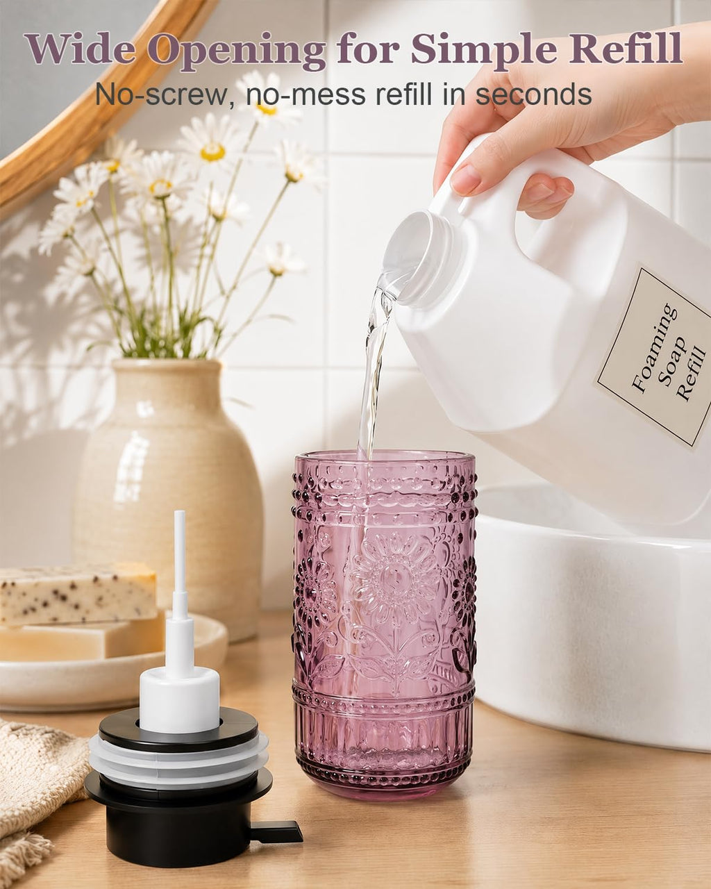 Glass Foaming Soap Dispenser, Vintage Foam Hand Soap Dispenser, Purple