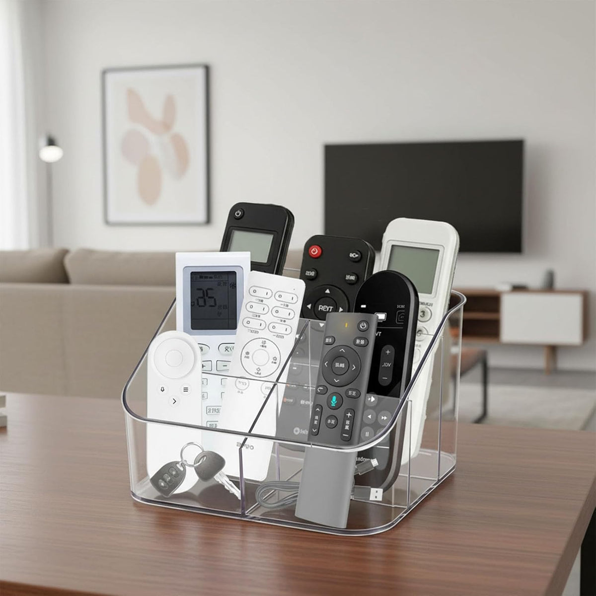 Remote Control Holder, Clear Plastic Remote Caddy for Desk and Nightstand Storage, Space-Saving Desk Organizer with See-Through Design for Living Room and Desk Accessories, 5 Compartments