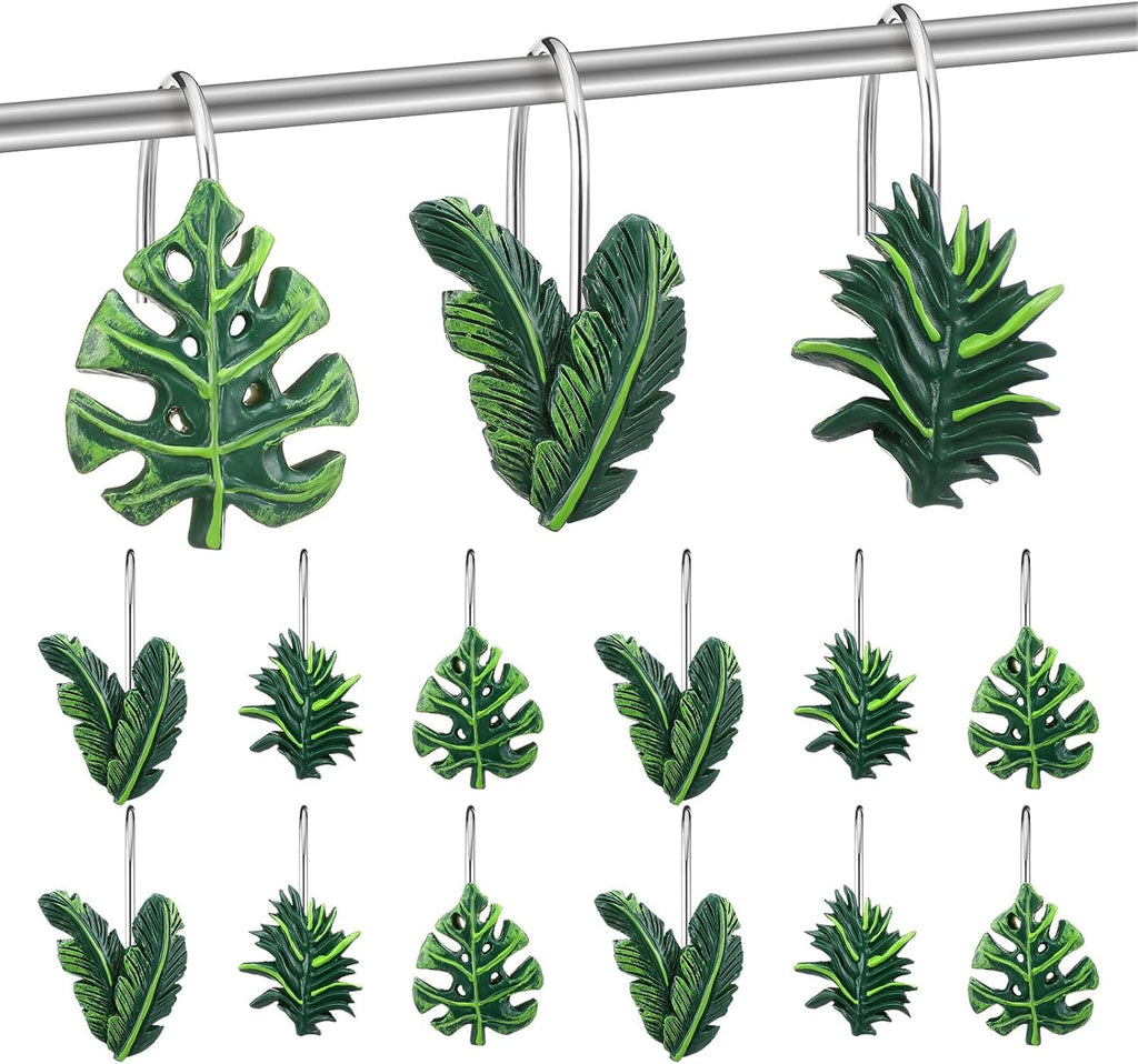 Amyhill 12 Pcs Tropical Leaf Decorative Shower Curtain Hooks Cute Green Monstera Deliciosa Leaves Curtain Rings Hanger Stainless Steel Resin Tropical Botanical Themed Hooks for Home Bathroom Decor