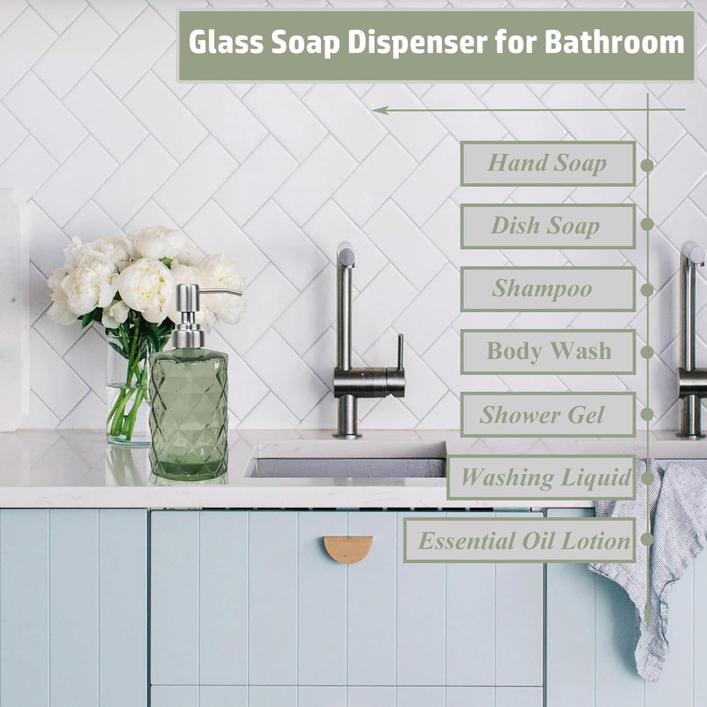 12Oz Green Glass Soap Dispenser, Liquid Hand Bottle, Stainless Steel Pump