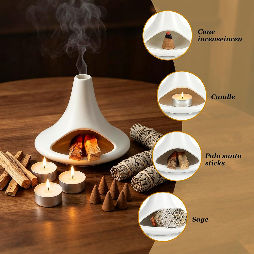 Ceramic Palo Santo Holder Matte White, Mini Chiminea Smudge Bowl Burner with Ash Catcher for Palo Santo Sticks, Incense Cones & Candles, Minimalist for Meditation, Yoga, Cleansing Ceremony, Handmade