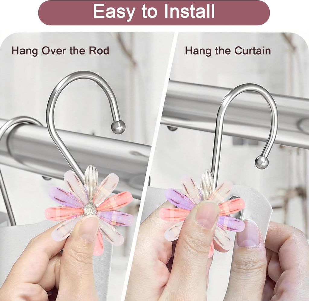Shower Curtain Hooks, Rust Resistant Cute Daisy Metal Decorative Shower Rings Hangers Set of 12 for Bathroom Curtains,Clothing, Towels (Silver Multicolor)