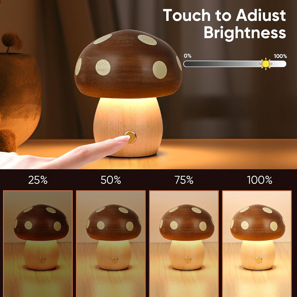 Wood Mushroom Lamp, Rechargeable Small Bedside Lamp for Nursery Bedroom
