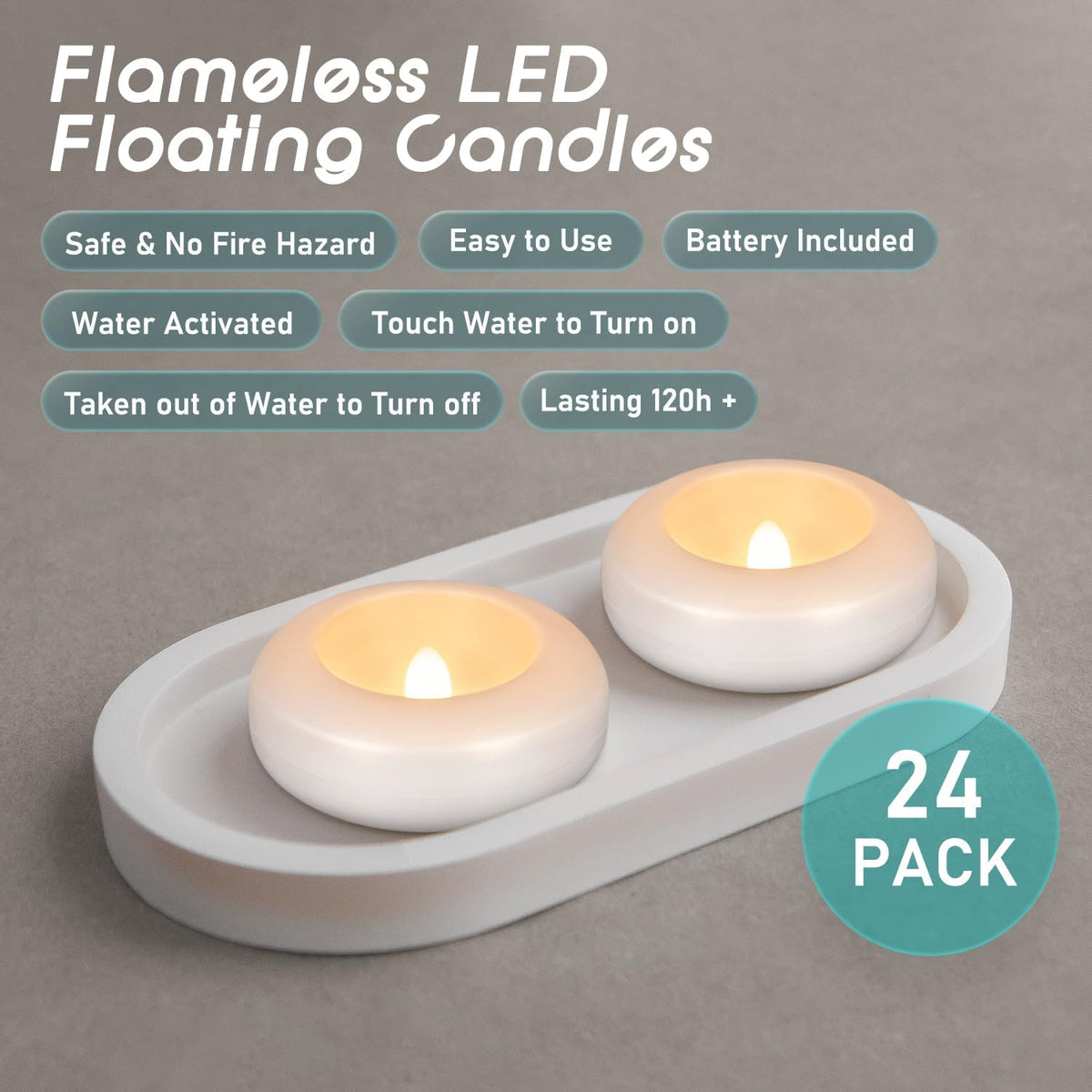 Flameless LED Floating Candles, 24 Pack 3" Waterproof Water Activated Candles, Auto On/Off, 120+ Hours Long Lasting Warm White Flickering Lights for Pool, Bathtub, Wedding & Party Decor