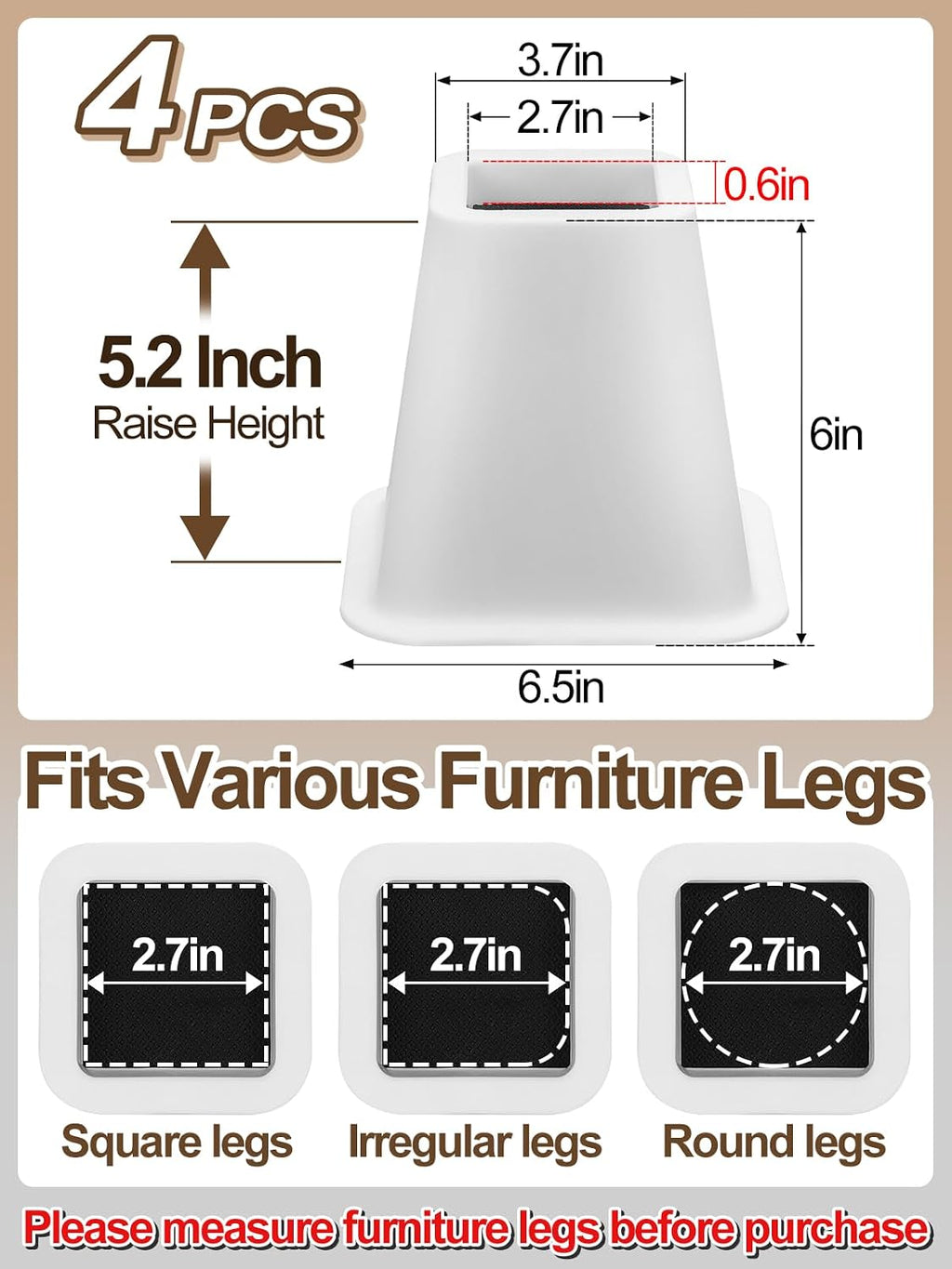 Bigmeta 6" Stable Bed Risers for Dorm Twin XL - White, 4 Pcs