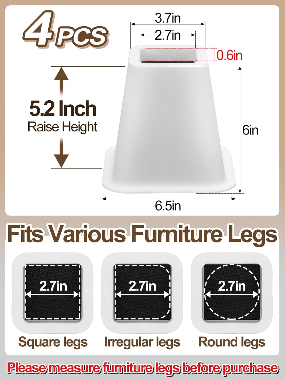 Bigmeta 6" Stable Bed Risers for Dorm Twin XL - White, 4 Pcs