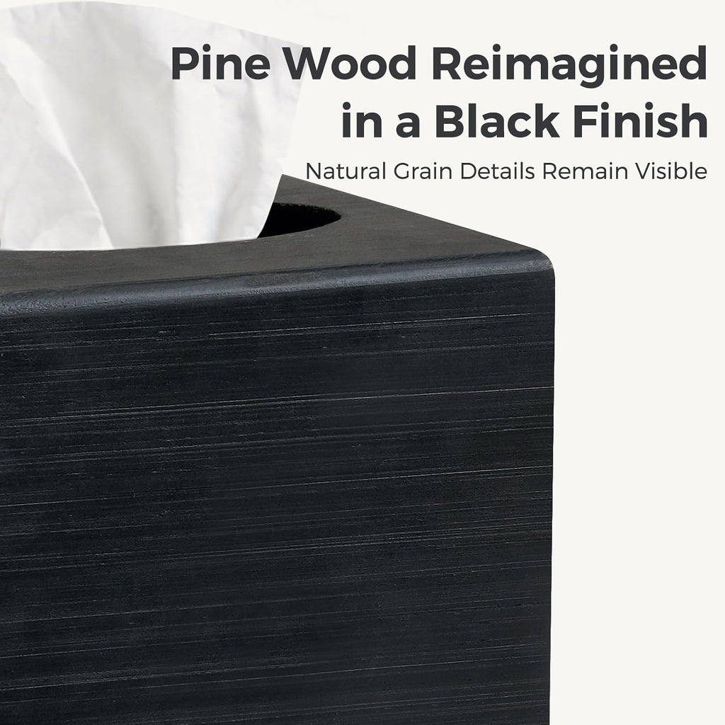 Black Wood Tissue Box Cover, Square Wooden Tissue Box Holder for Bathroom