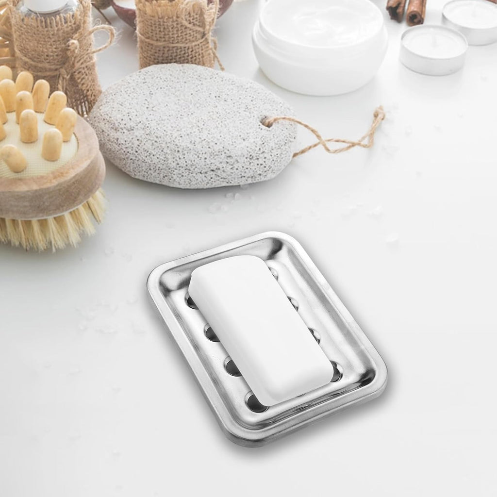Stainless Steel Soap Dishes Chrome Soap Dish for Bathroom Double Layer Draining, Silver SoapDish Tray with Drainage for Bathroom Bathtub Kitchen Sink (Rectangular)