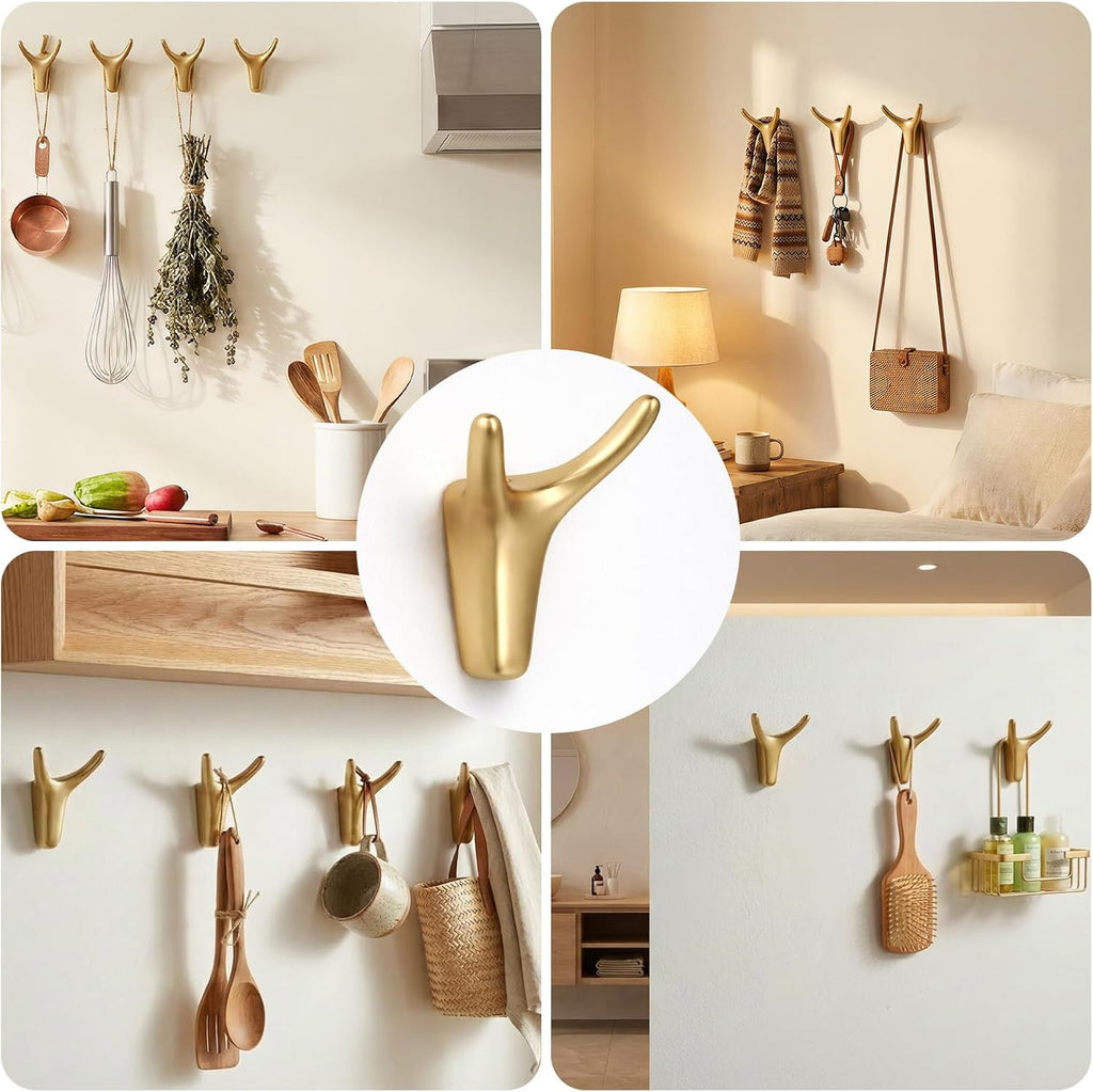 POZEAN 4 Pack Antler Wall Hooks for Hanging, Matte Gold Heavy Duty Coat Hooks Wall Mounted for Coats Hats Bags Keys, Decorative Deer Antler Metal Hook for Entryway Mudroom Bathroom Bedroom (4, Gold)