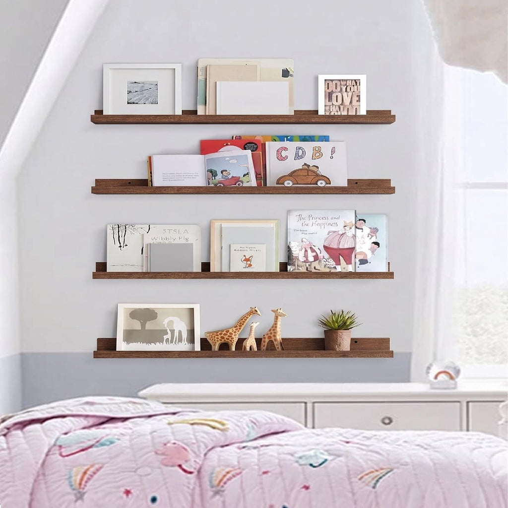 36 Inch Picture Ledge Shelf 4-Pack, Walnut Floating Shelves for Living Room