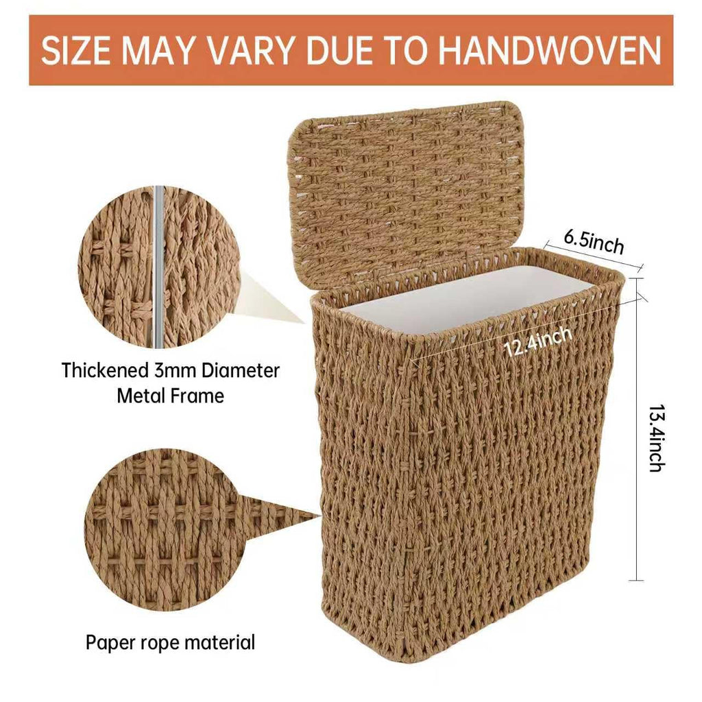 Coeusy 3 Gallon Paper Rope Bathroom Trash Can,Small Wicker Trash Cans with Lid and Liner,Woven Rattan Narrow Waste Basket for Bedroom,Office,Natural