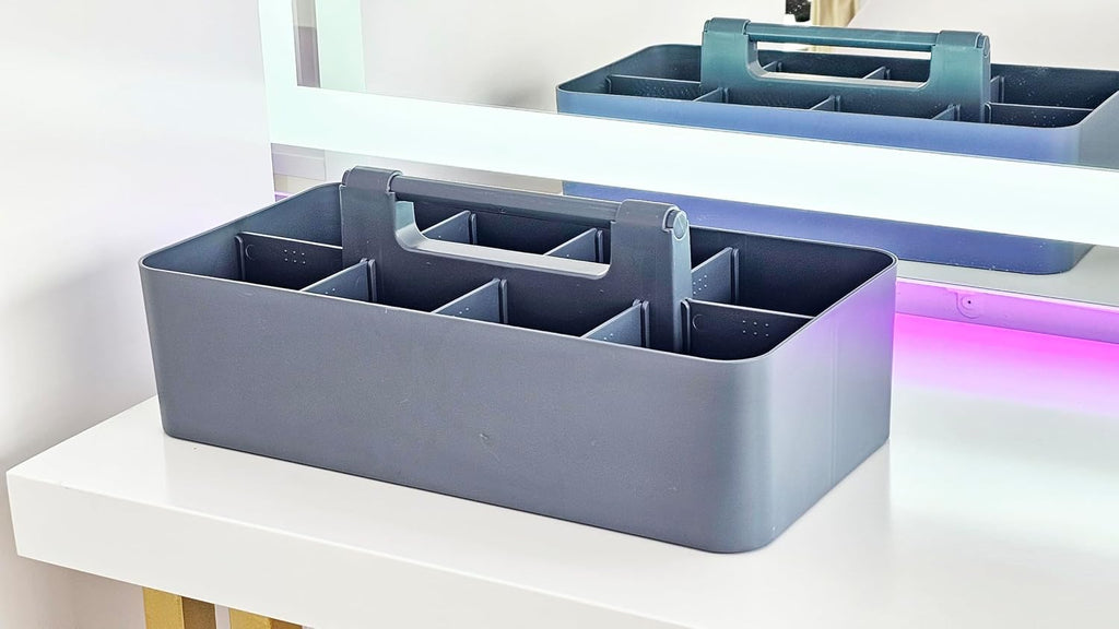 New Plastic Portable Makeup Organizer Caddy Tote Divided Basket Bin with Handle, for Bathroom Storage - Holds Blush Makeup Brushes, Made In USA (Orion Gray)