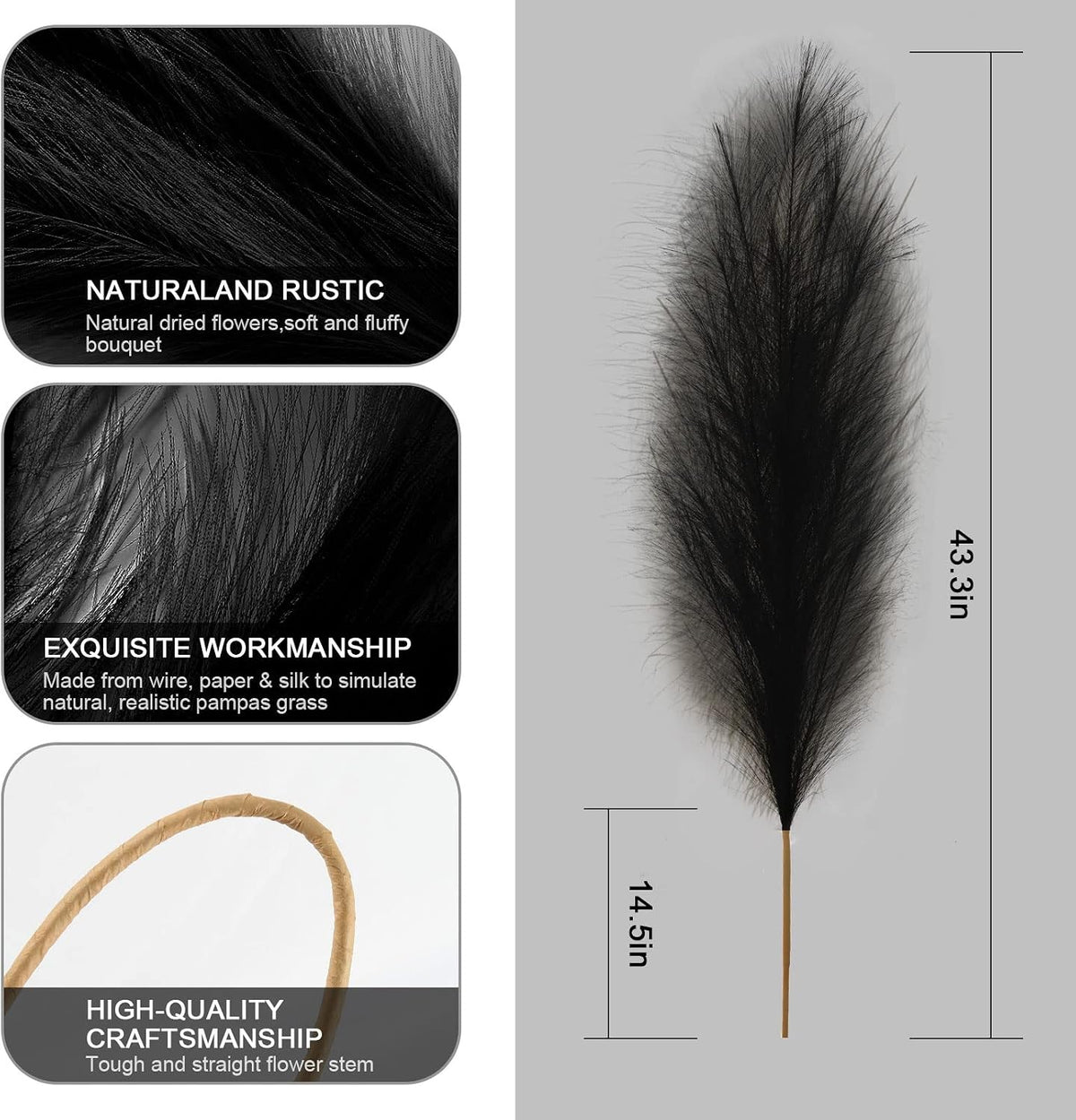 onecircle Black Pampas Grass,3 pcs of 43'' Dried Pampas Grass with Tall and Fluffy Decor Suitable for Boho Décor (Black)