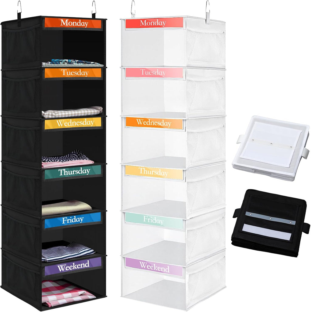 Amylove 2 Pcs 6 Shelf Hanging Weekly Clothes Organizer for Kid,Black,White