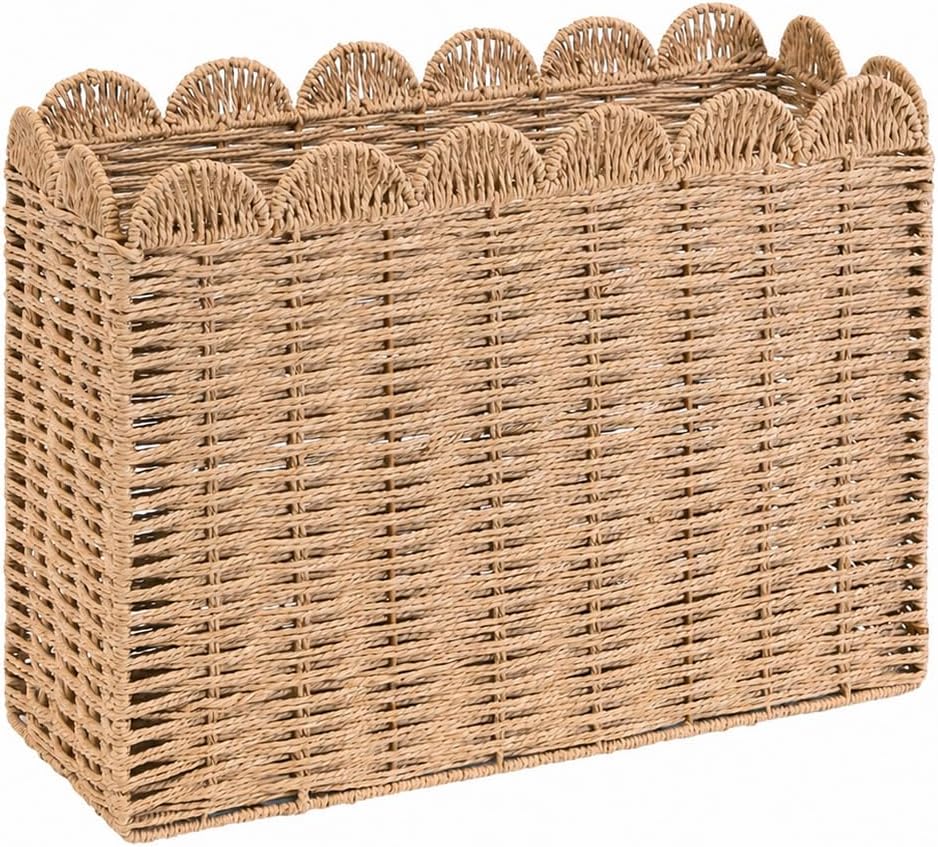 Wicker Magazine Basket, Paper Rope Scalloped Magazine Holder for Files Books Newspapers and Documents, Handwoven Floor Organizer Rack for Office Living Room Bathroom