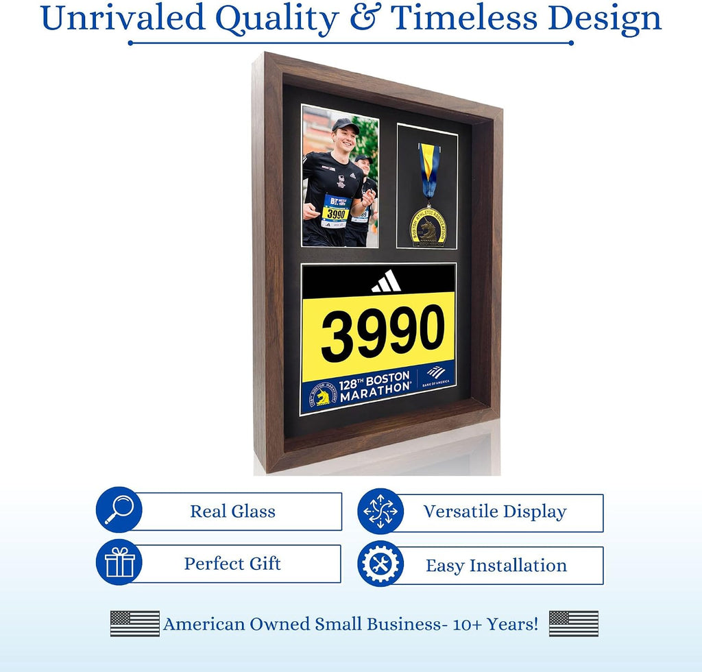 3-in-1 Shadow Box Display with Real Glass (Medal, Race Bibs, and Photo Display) – Marathon Medal Display and Frame, Triathlon & Running Bib Holder, Wall-Mounted, Real Tempered Glass- Walnut