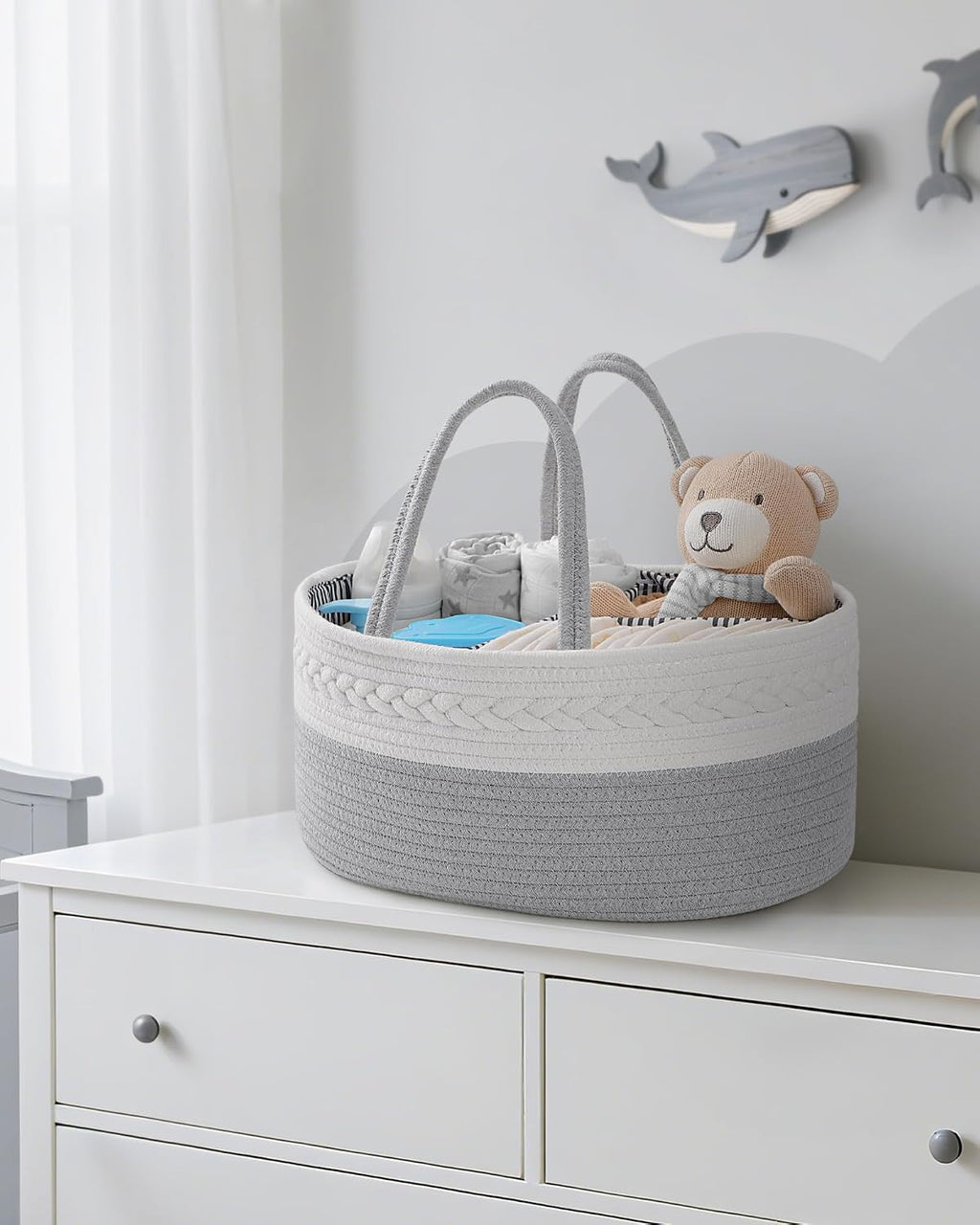 Maliton Diaper Caddy Organizer for Baby Boy- Cotton Rope for Changing Table, Nursery Storage, Newborn Baby Must Have Items