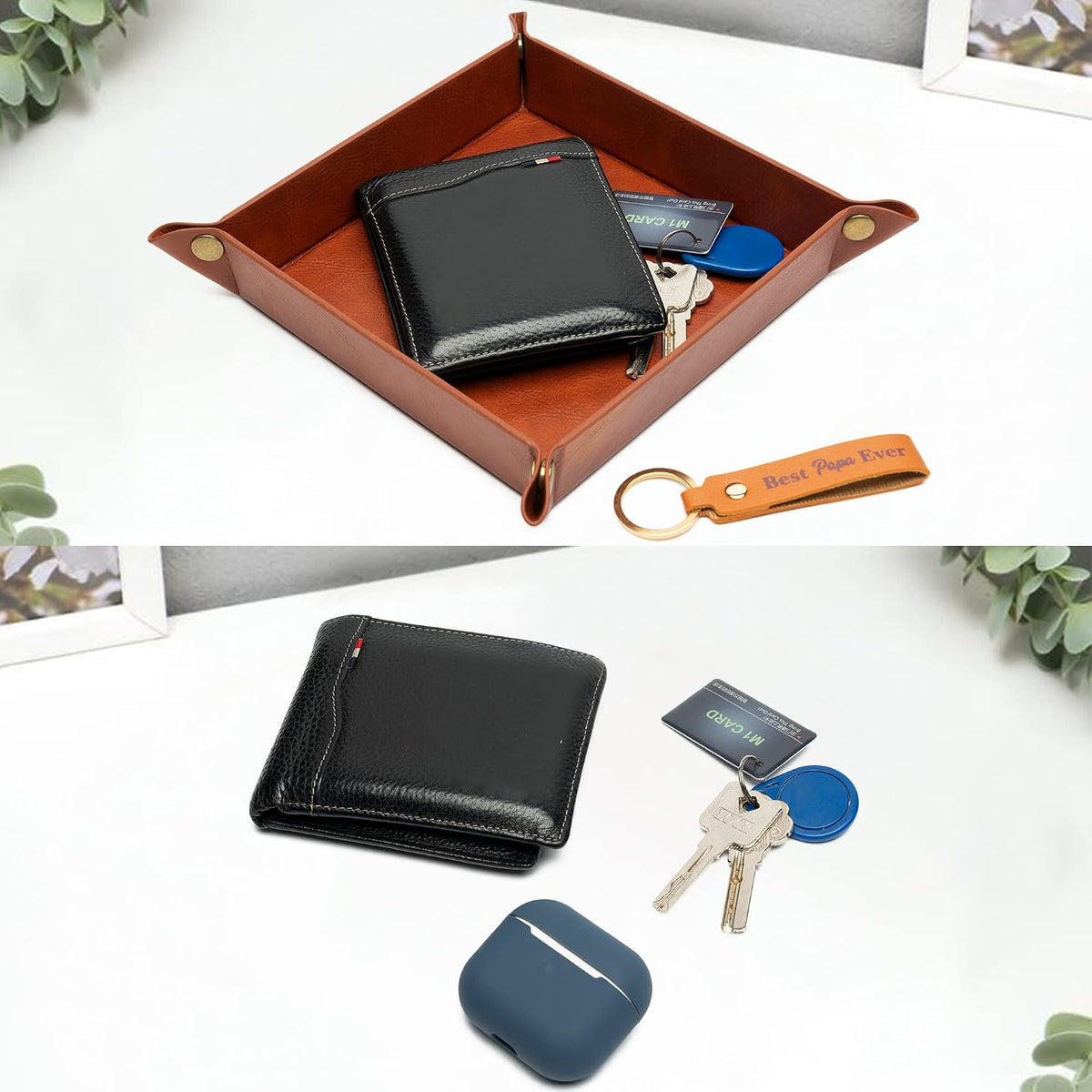 Haooryx Best Papa Ever PU Valet Tray and Keychain Desktop Storage Organizer