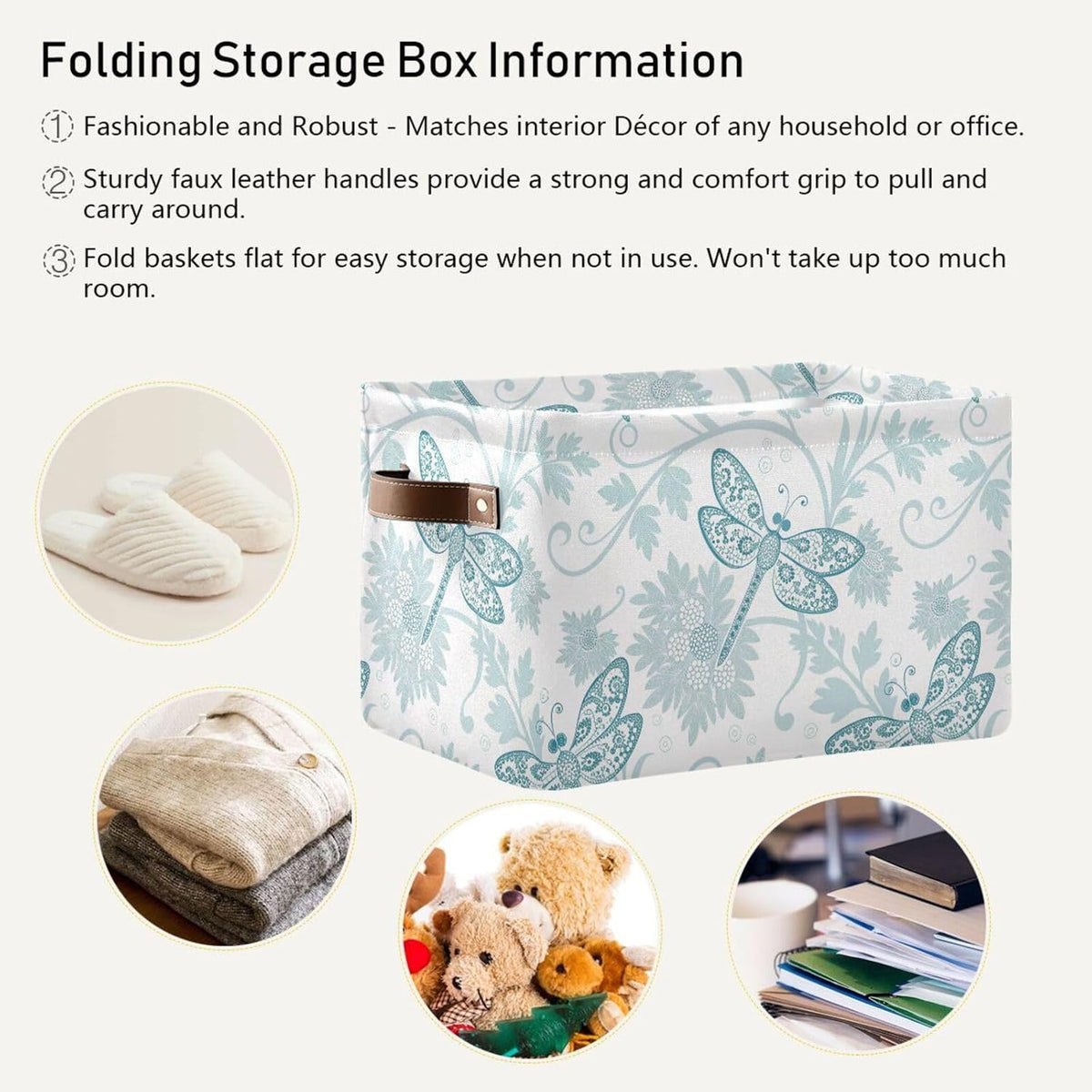 Foldable Storage Baskets Set of 2, Parsley Dragonfly Storage Bins with Handles, Decorative Cloth Organizer Storage Boxes for Home|Office 15 x 11 x 9.5 in