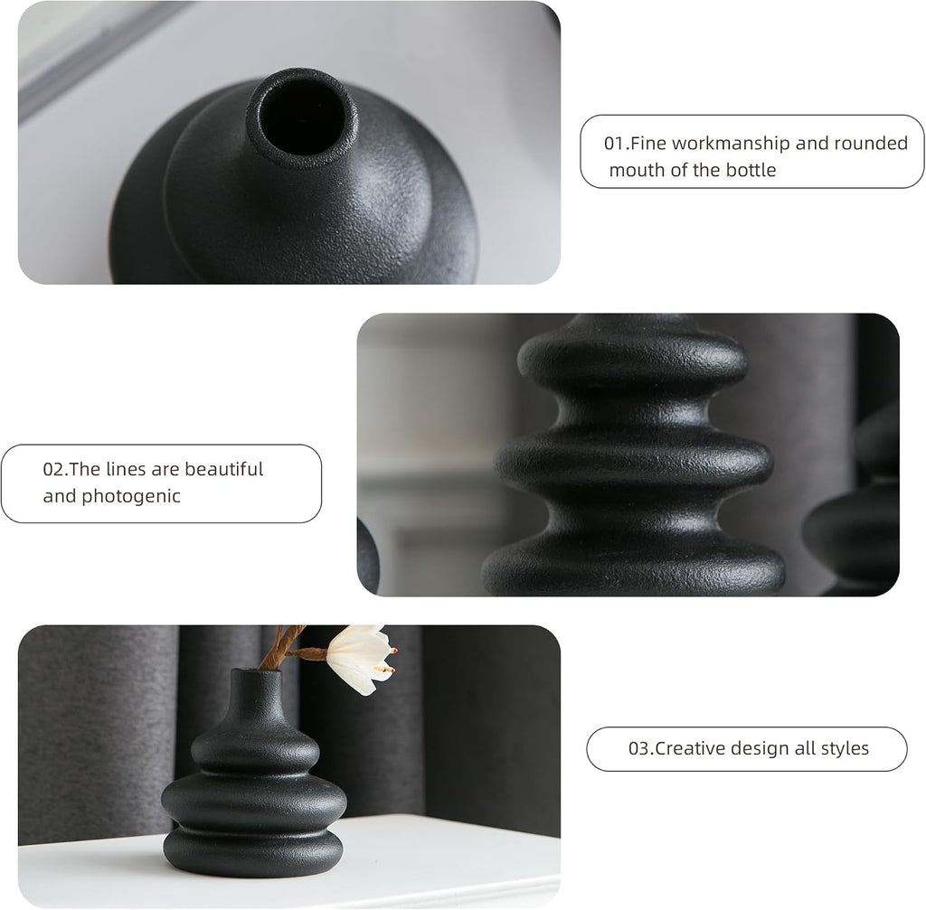 JOJUNO Black Bud Vases, Small Ceramic Vase Set of 5 Modern Home Decor