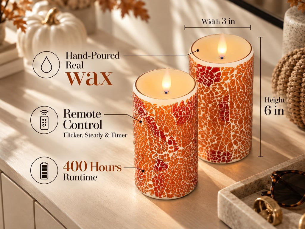 Glass Flameless Pillar Candles Flickering with Remote Timer, Battery Operated LED 3D Moving Flame Real Wax Candles,Remote Included (Crimson Orange Cracked Glass)