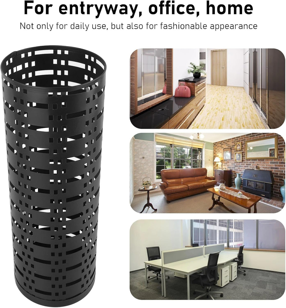 Pissente Umbrella Holder, Rustproof Space Saving Fashionable Hollow Round Metal Umbrella Stand Rack for Entryway Home Office Indoor Outdoor, Black, 16.5 x 5.9 x 5.9in