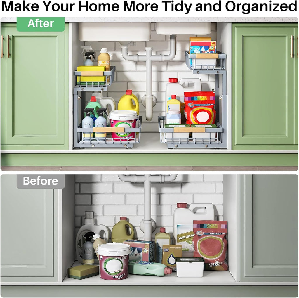 Kitstorack Under Sink Organizer, 2 Tier Under the Sink Storage, Slide out Pull out Cabinet Organizer Shelf, Metal Sliding Drawer for Kitchen Bathroom Pantry Closet Organization Rack, Grey, 2 Pack