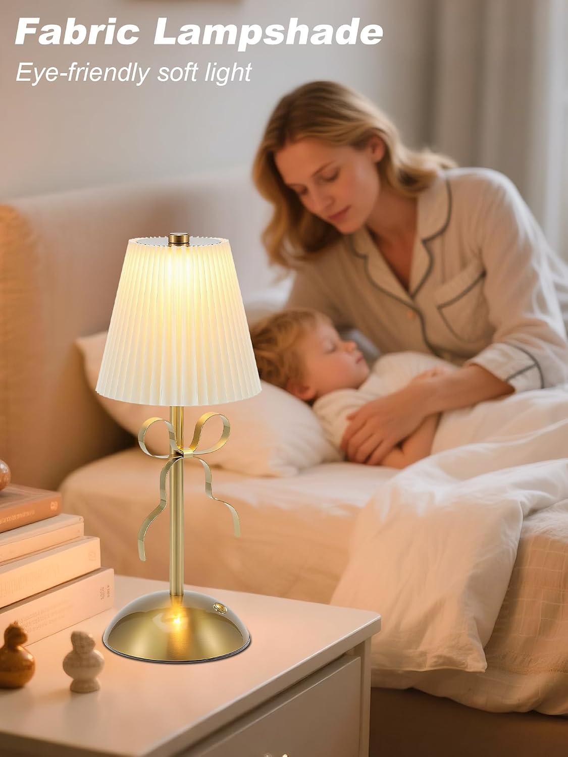 Rechargeable Small Table Lamp,Cute Desk Lamp,Gold Bow Lamp