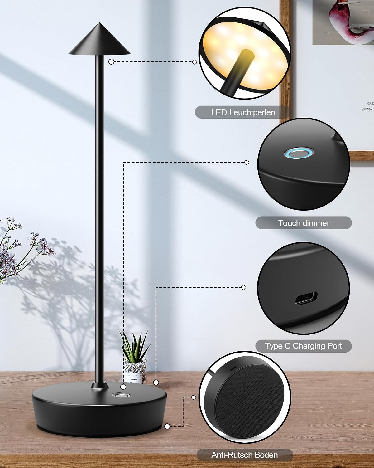 LED Cordless Table Lights Rechargeable 6000mAh Battery Outdoor Desk Lamp