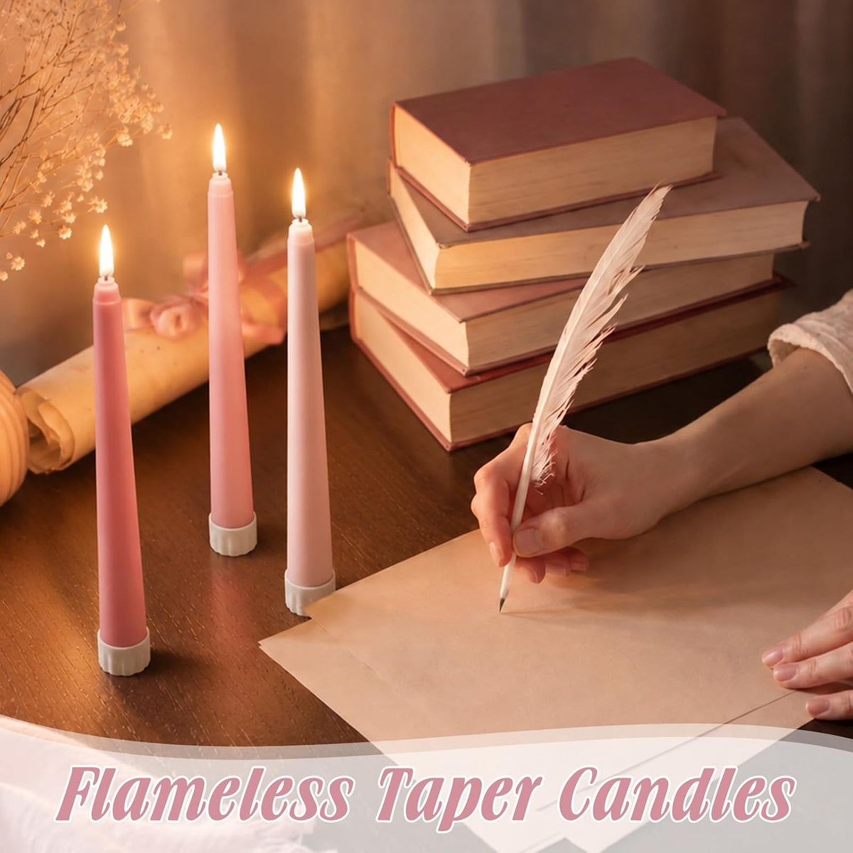 Handepo 48 Pack Flameless LED Taper Candle, Dusty Pink, 11 Inch