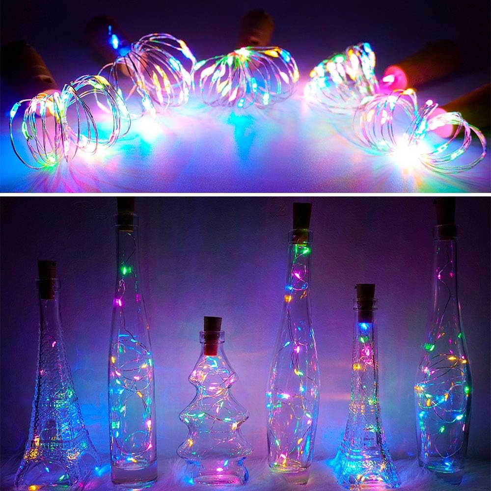 SunKite Wine Bottle String Lights with Cork,18 Pack 20 LED 2M Battery Operated Mini Silver Copper Wire Fairy Lights for DIY Party Wedding Table Centerpieces Decor (Colorful)