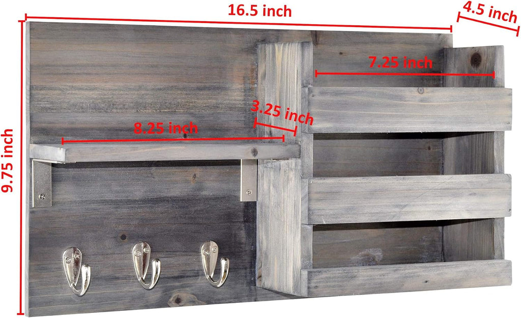 Wall-Mounted Key Holder Hooks - Rustic Wood Weathered Grey & Black - Entryway Organizer for Mail, Leashes, and Purses - Floating Shelf, 16.5” W x 9.75" H x 4.5” D