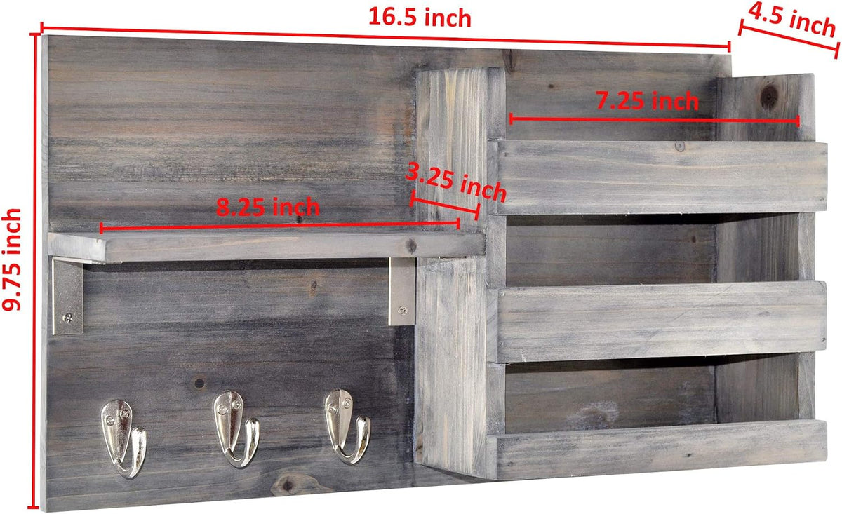 Wall-Mounted Key Holder Hooks - Rustic Wood Weathered Grey & Black - Entryway Organizer for Mail, Leashes, and Purses - Floating Shelf, 16.5” W x 9.75" H x 4.5” D