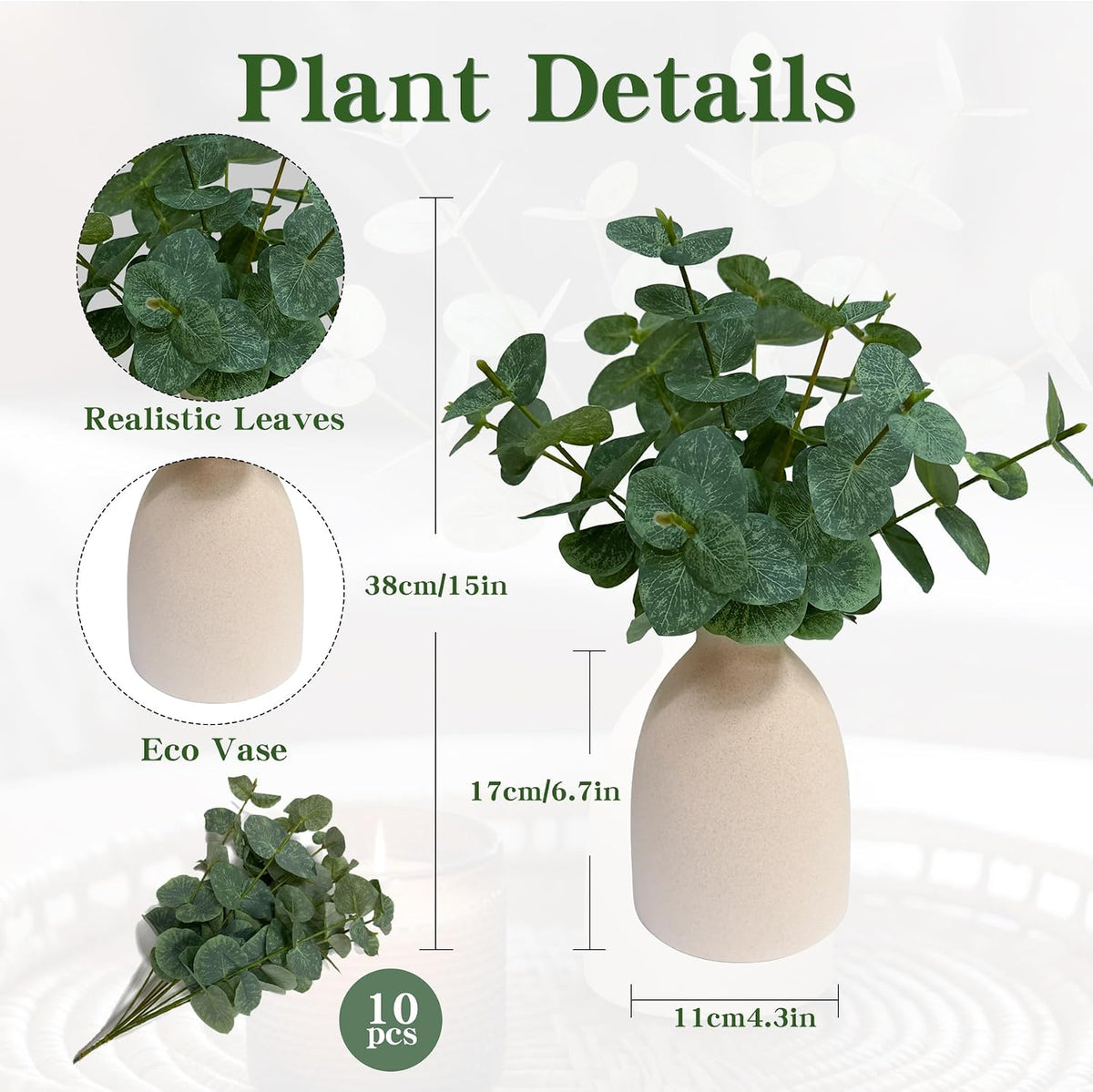 15" Artificial Eucalyptus Stems Potted Plant,Green