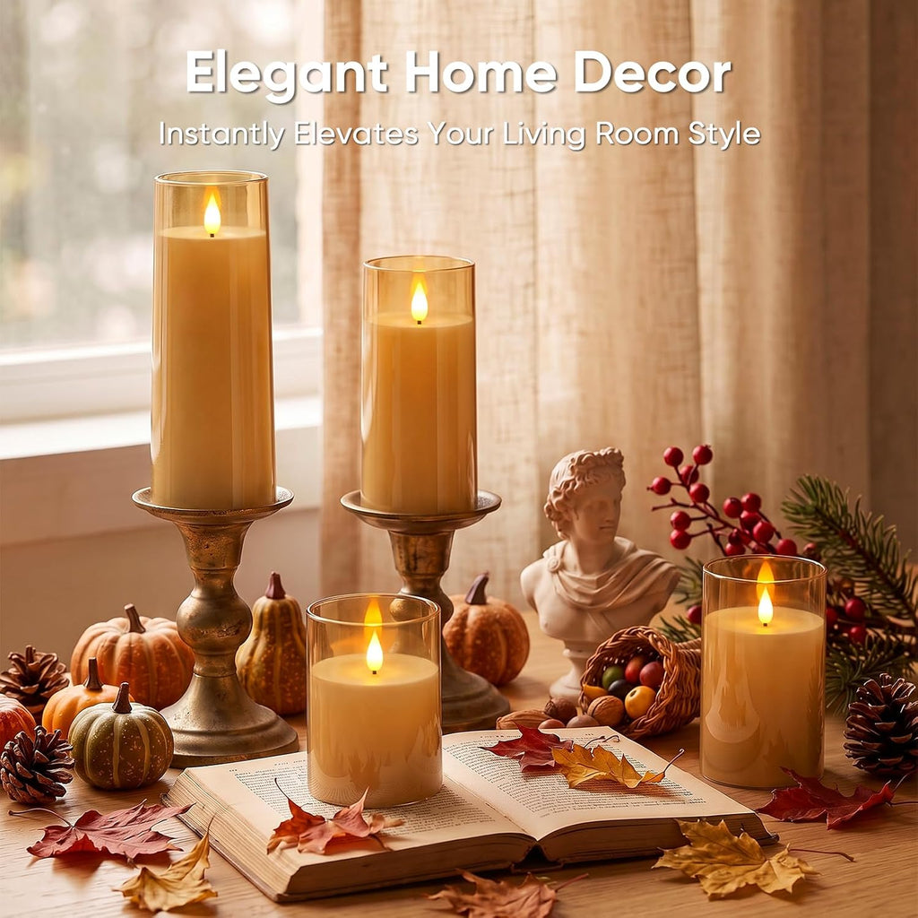 Raycare Amber Battery Operated Candles Flameless Candles with Timer and Remote 3" x 4" 5" 6" 8" 8", 5 Pcs Acrylic Flickering LED Pillar Candles Romantic Ambiance and Home Decoration
