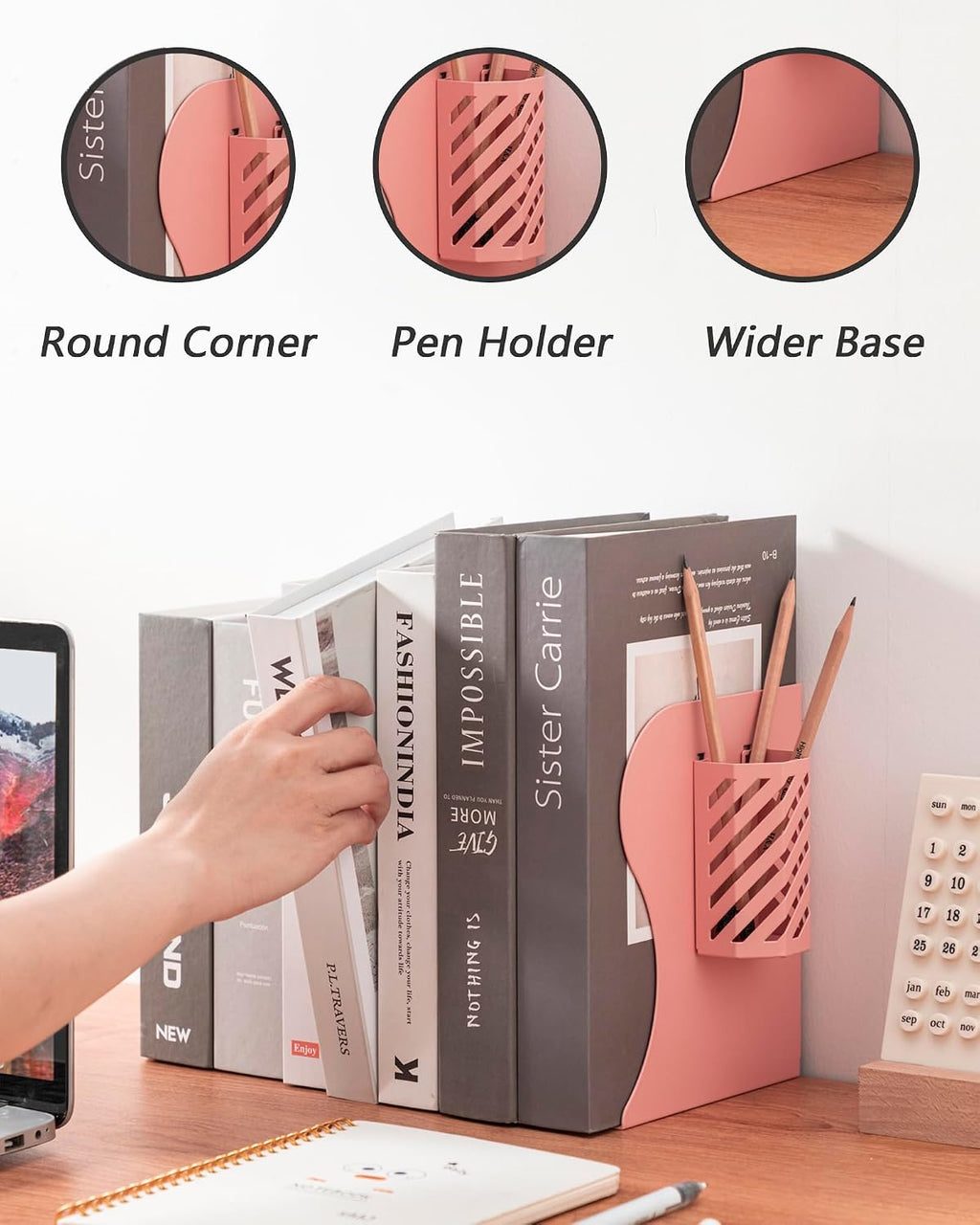 Kingsmile Book Ends, Adjustable Heavy Duty Metal Book Stoppers with Pen Holder for Desk Office Library Kids Room(Pink)
