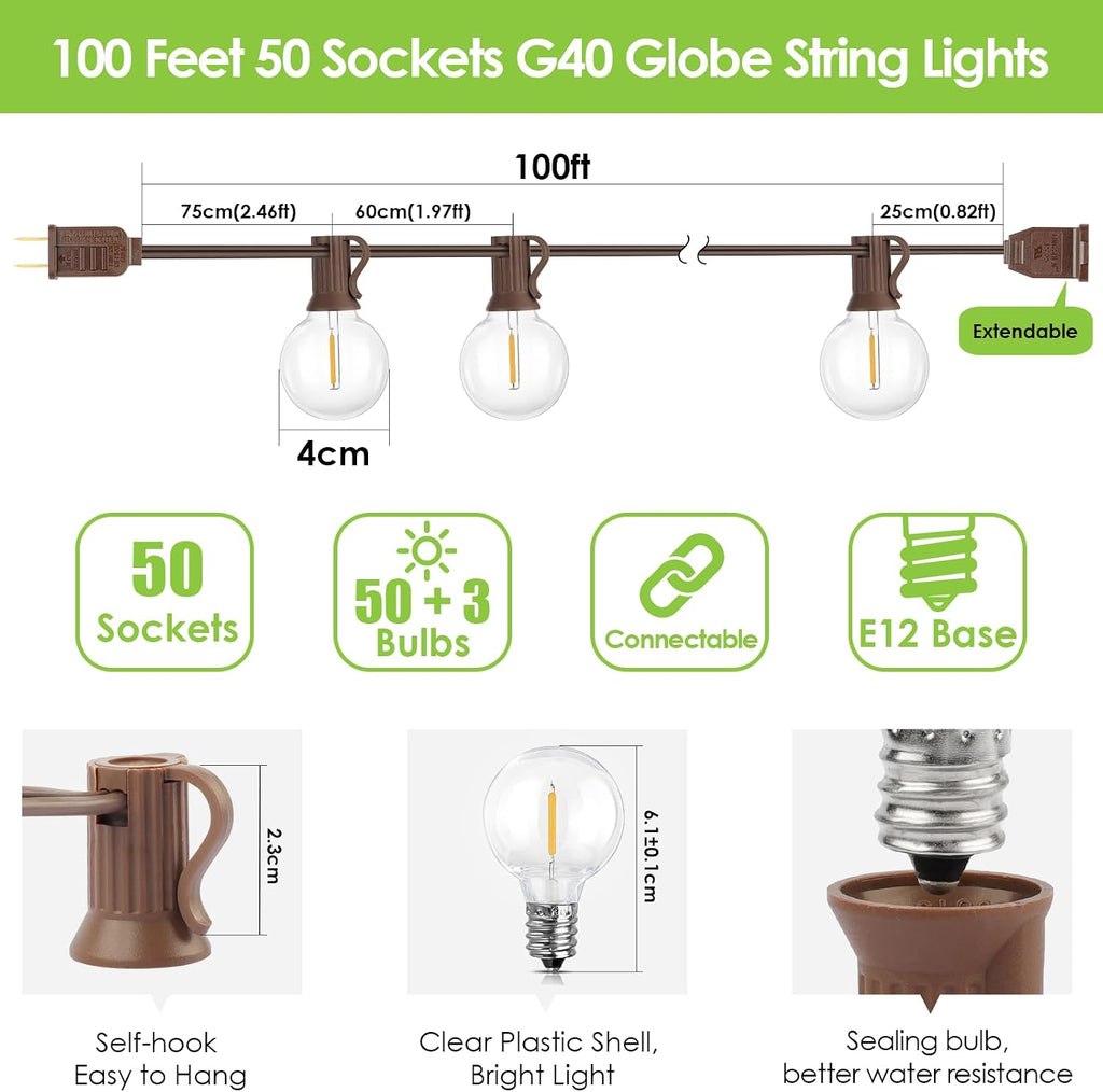 Mlambert 100Ft LED Outdoor String Lights, Dimmable G40 Globe Patio Lights with 50+3 Waterproof Shatterproof Bulbs for Backyard Porch-Brown Cord 1 Pack