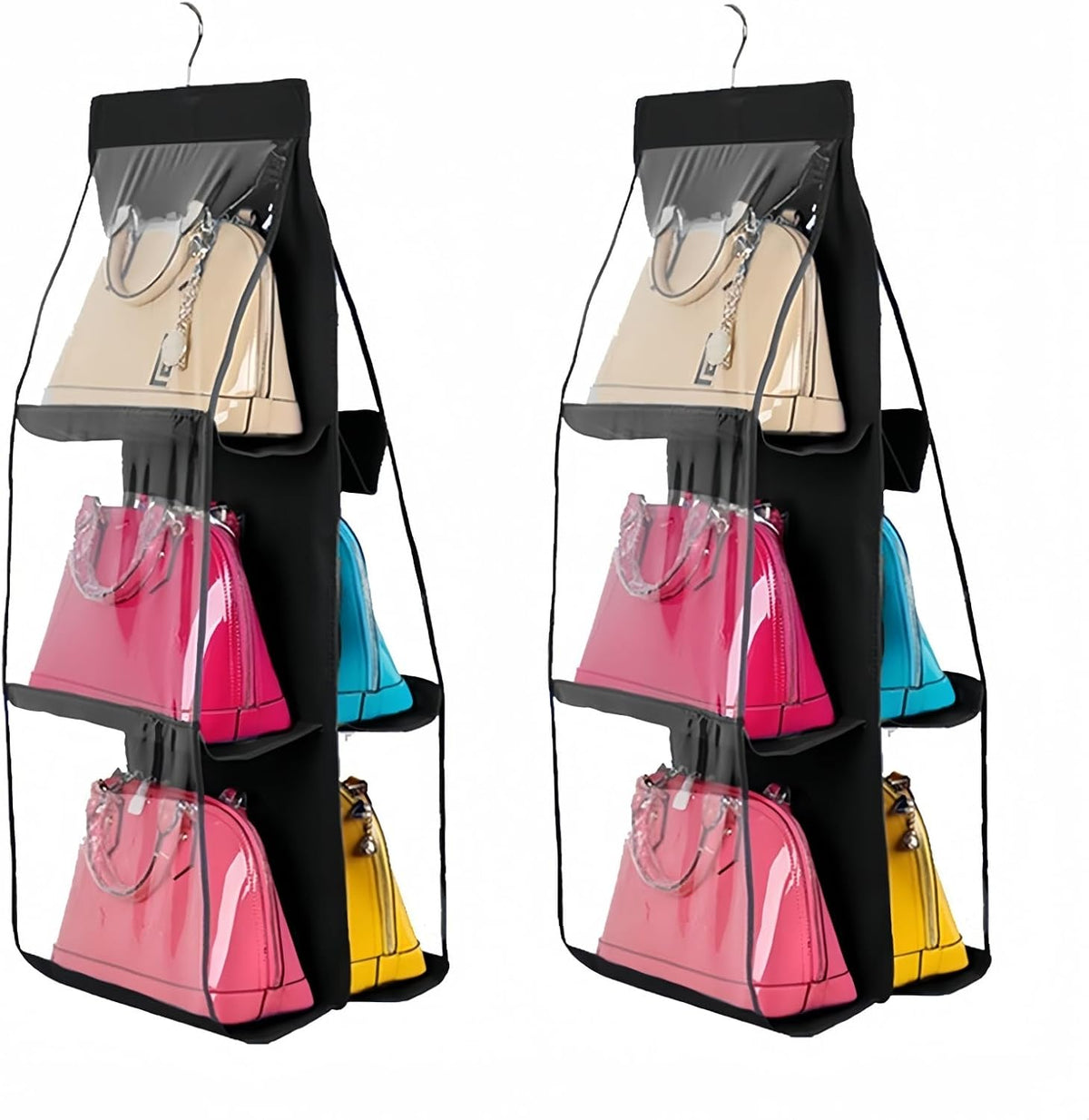 HAN SHENG 6-Pocket Clear Hanging Purse Organizer for Closet, Black, 2 Pack