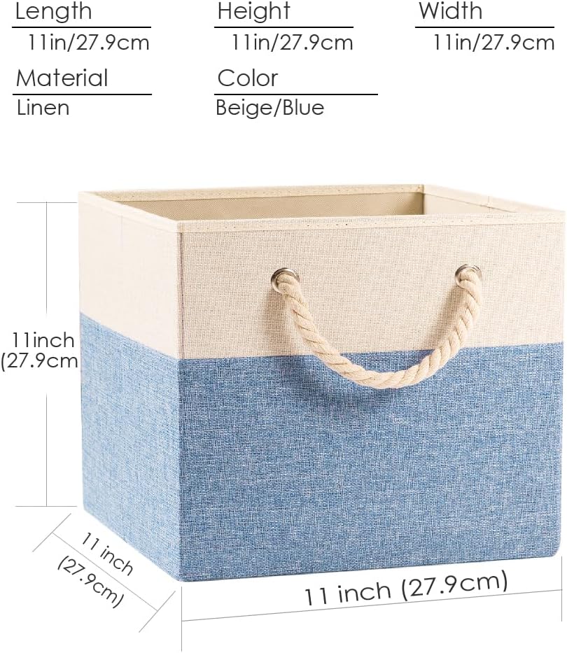 PRANDOM Large Foldable Cube Storage Bins 11x11 inch [4-Pack] Fabric Linen Storage Baskets Cubes Drawer with Cotton Handles Organizer for Shelves Nursery Closet Bedroom Beige/Blue