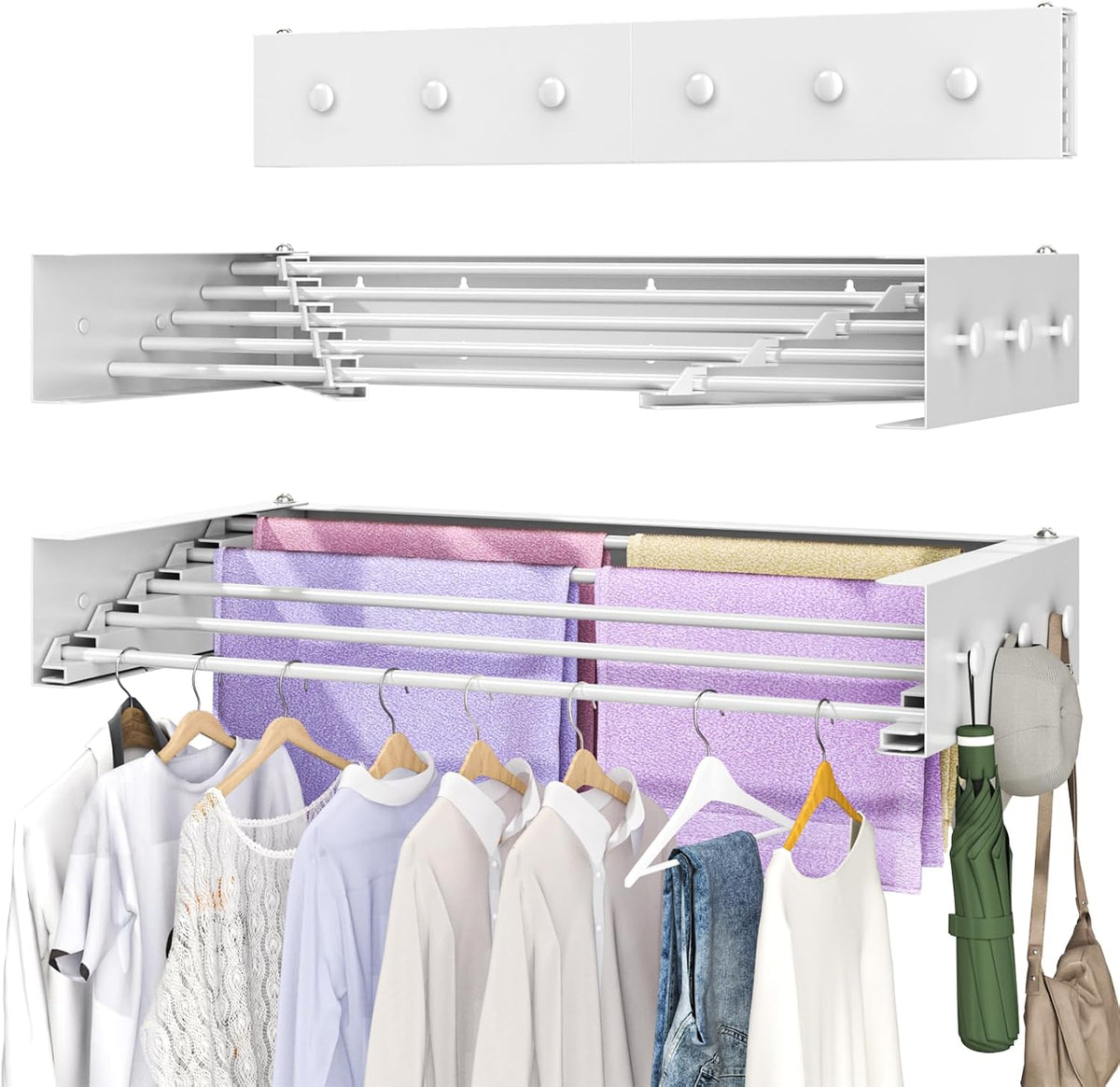 Extra Wide 40 Inch Drying Rack, Wall Mounted Foldable Clothes Drying Rack with 5 Stainless Steel Rods, Space Saving Indoor Laundry Rack for Apartment, Bathroom, and Balcony Home Organization