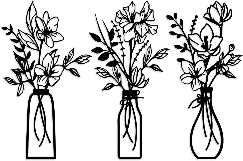 ARTINME 3 Pieces Metal Flowers Wall Arts - Rustic Farmhouse Decor Minimalist Flower Wall Decors for Living room Bathroom Kitchen Bedroom Dining Room - Housewarming Gifts (Black)