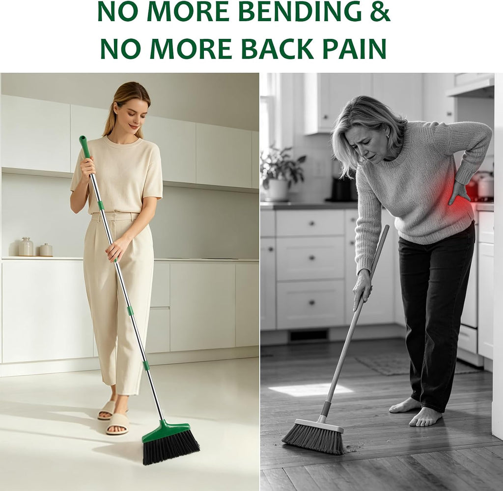 Broom and Dustpan Set with Long Handle, Light Weight Stainless Steel Poles Stand Upright Dustpans with Broom Combo for Home Kitchen Office Pet Dog Hair, 1-Pack(Black Green)