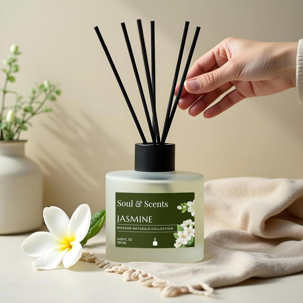 Soul & Scents Jasmine Scented 4.06 oz (120ml) Reed Diffuser Set with 6 Fiber Sticks for Room Decor | Home Fragrance Reed Diffuser | Air Freshners for Home